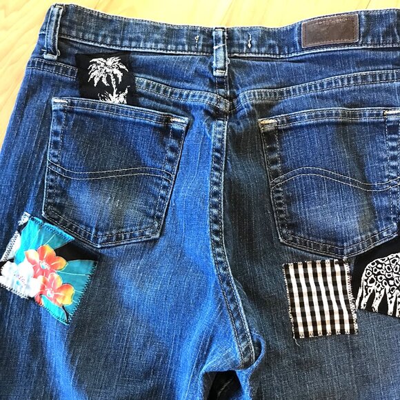 Boho Hippie Patch Jeans, Size 8 Long: Upcycled, Tropical Patchwork, Giraffes - Picture 16 of 16